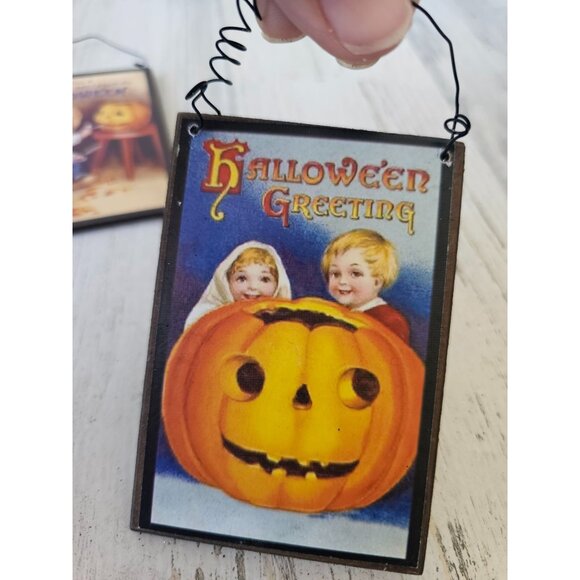 Wooden pumpkin Halloween postcard ornament shabby chic children unique tree cat - Picture 4 of 5